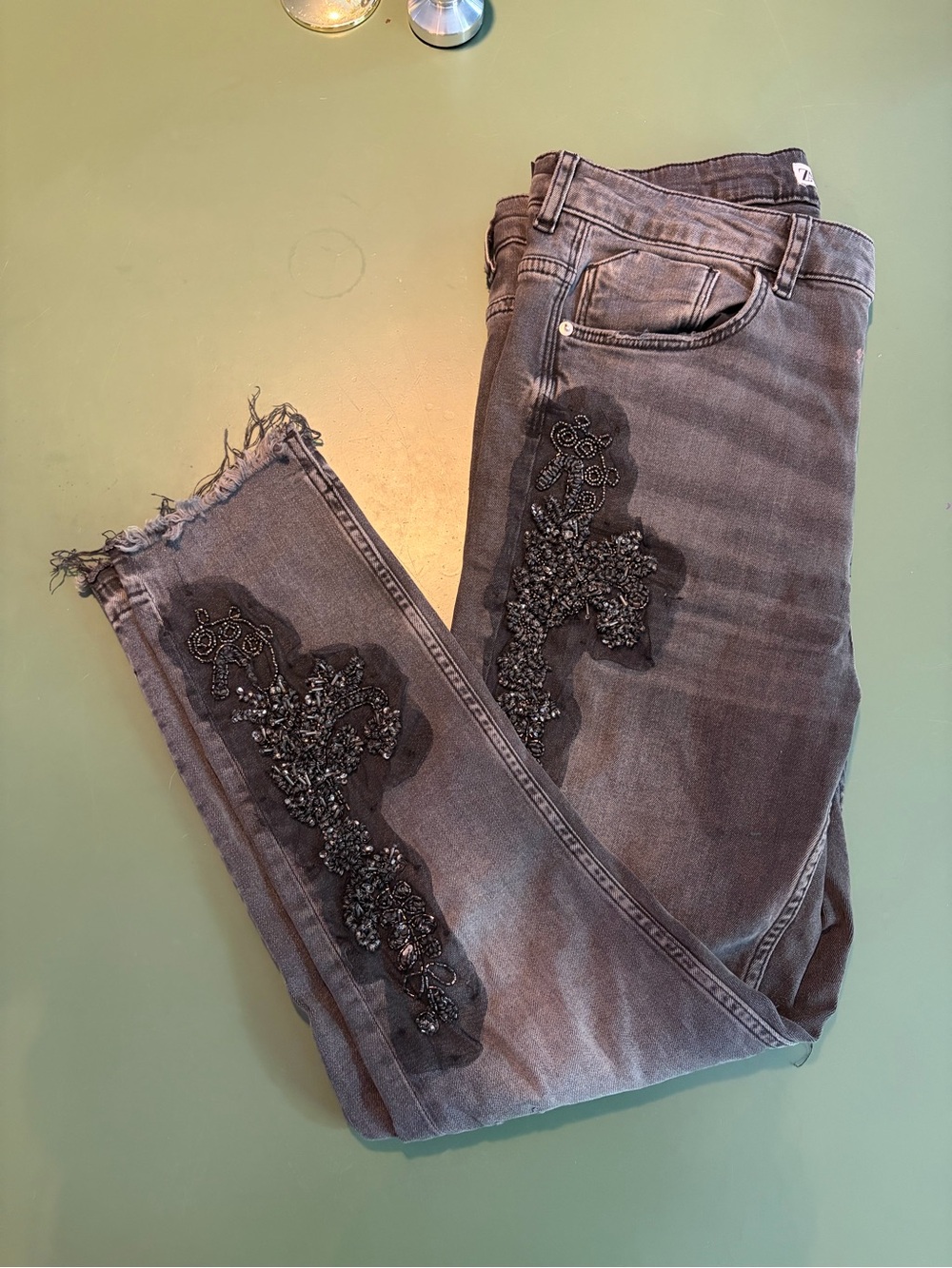 Zara Gray Embellished Ankle Skinny Jeans